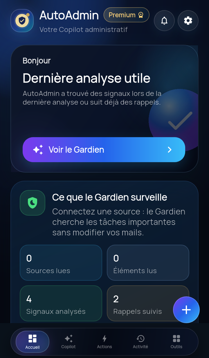 AutoAdmin — écran d'accueil